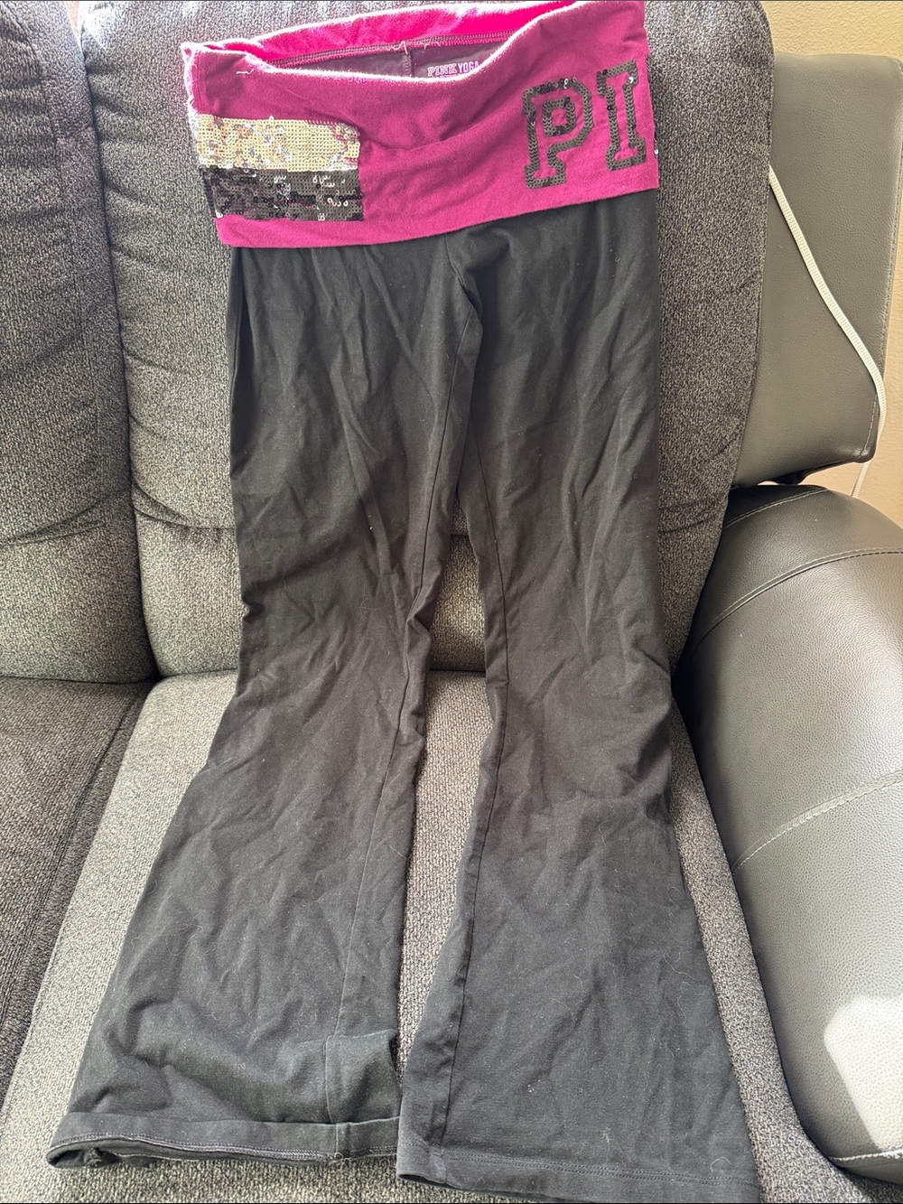 PINK Victoria's Secret Black Leggings with Fold-Over Pink Sequin Waistband